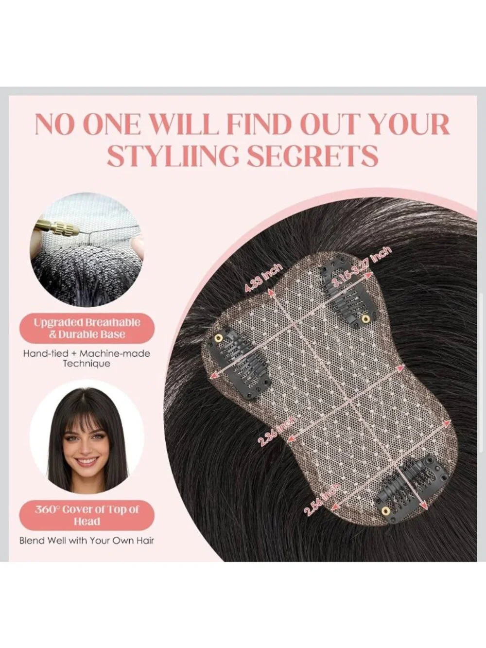 Hairro 14-Inch Human Hair Topper With Clips Natural Black Breathable Base Seamle